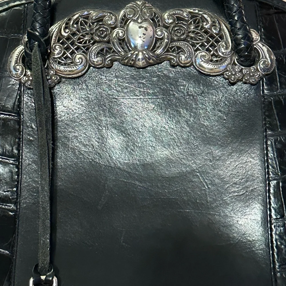 Brighton Black Leather Handbag with Silver Plated Accents EUC